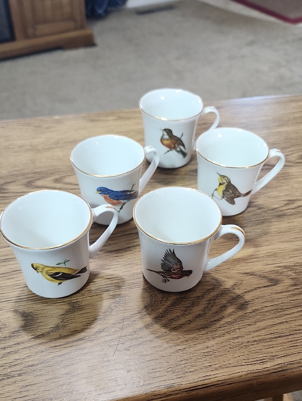 5 Porcelain Bird Espresso Tea Miniature Cups set Gold Trim White Pontesa Spain